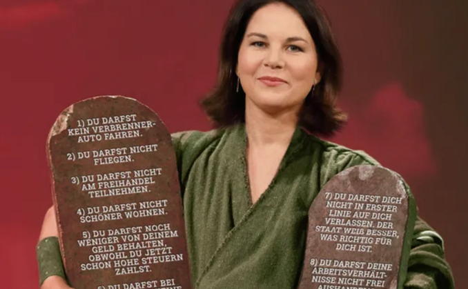 INSM-Kampagne, die selbst bei Wirtschaftsverbänden auf viel Kritik stieß: die Grünen-Politikerin Annalena Baerbock bringt als Moses lauter Verbote unters Volk.
