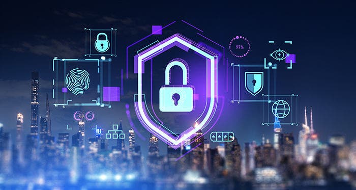 Panorama of night city skyline with immersive data protection interface with padlock, fingerprint and shield. Concept of cybersecurity and biometric scanning