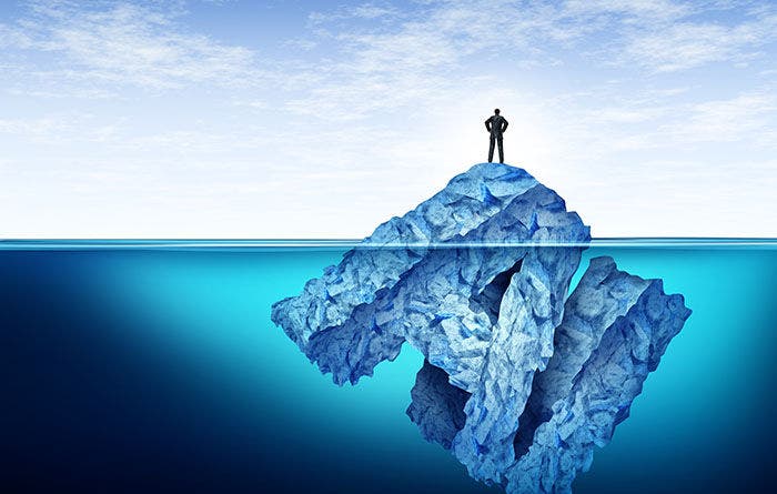 Technological Iceberg as the beginning of Artificial Intelligence and the new tech advent investment or hidden uncertainty of AI that lies beneath the surface with 3D illustration elements.